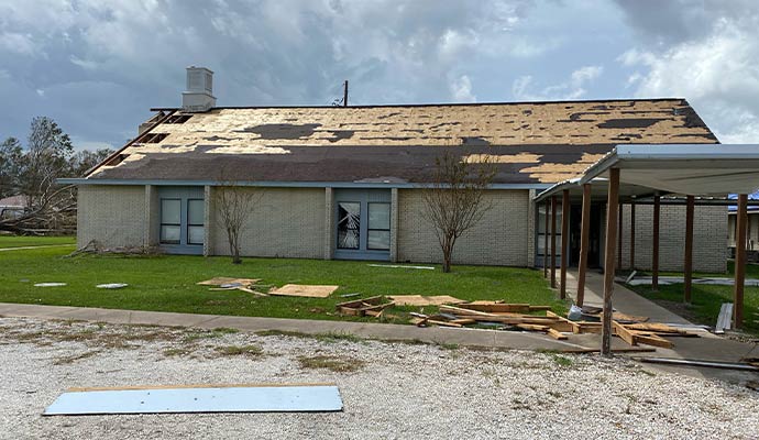 A storm-damaged building