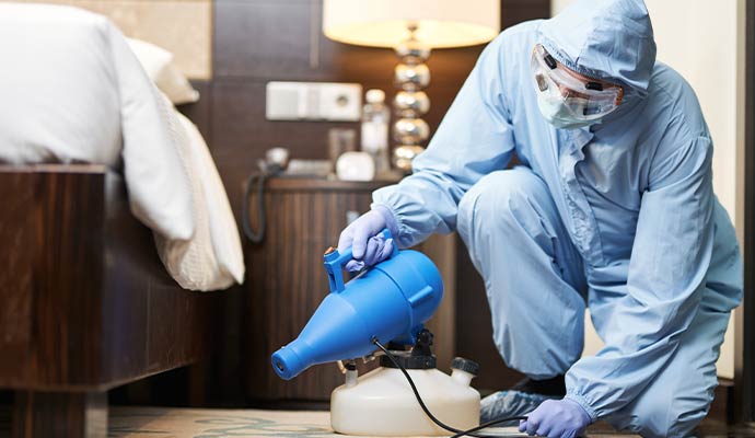 A technician fogs a bedroom with disinfectant