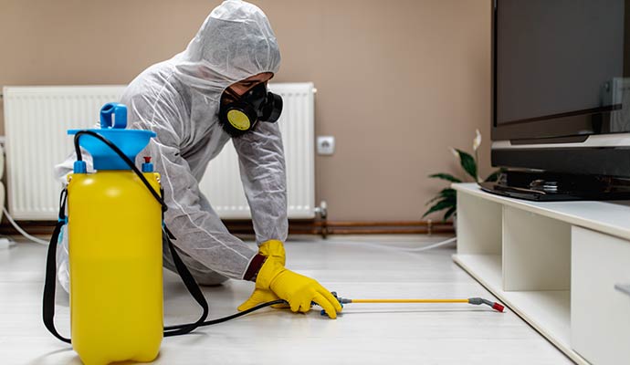 A technician sprays disinfectant in a home