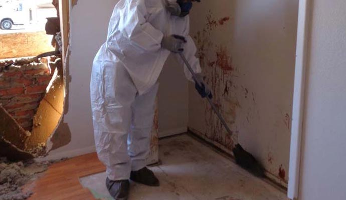 Worker cleaning biohazard scene
