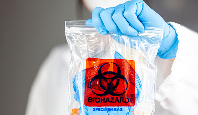 Safe handling of biohazardous materials A gloved hand holding a biohazard specimen bag.