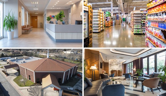 Collage of health care retail store church and hotel Collage of health care retail store church and hotel