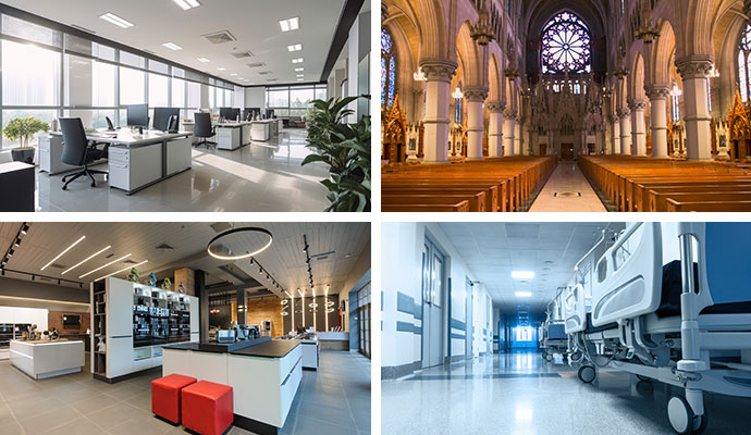 Collage of office, church, kitchen, and hospital