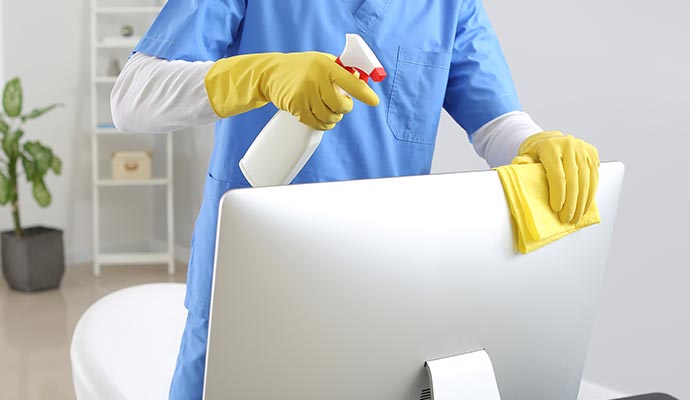 A person disinfecting monitor using spray