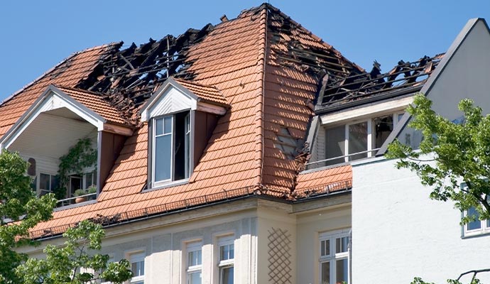 Fire damaged roof of a house