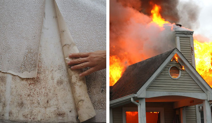 Fire damaged kitchen and mold growing on the wall