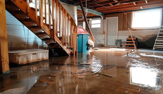 Flooded wooden basement floor