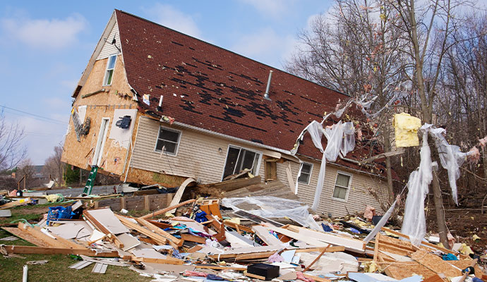 A house completely destroyed by a tornado or severe storm.