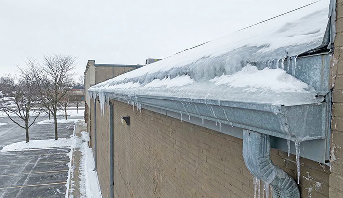 Ice and snow in a building gutter