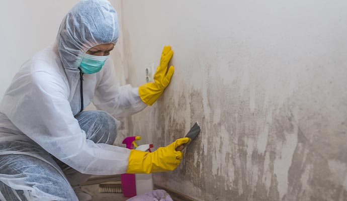 Technician removing mold from wall