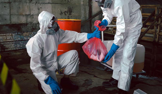 Professional team with hazmat suits cleaning hazardous material