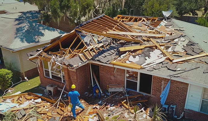 Professional team working after residential hurricane damage Professional restoration team repairing house after hurricane damage