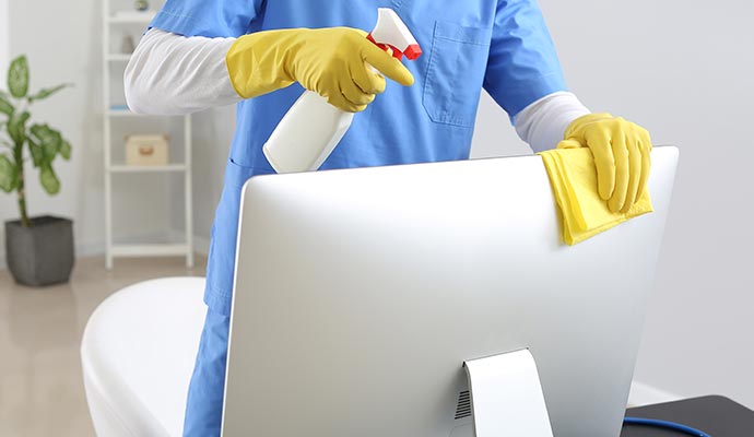 Professional worker cleaning monitor