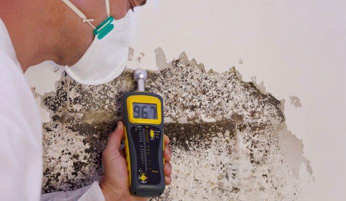 Technician checking a wall with a moisture meter