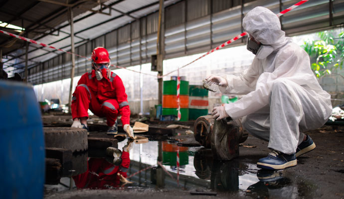 Two people cleaning chemical spill
