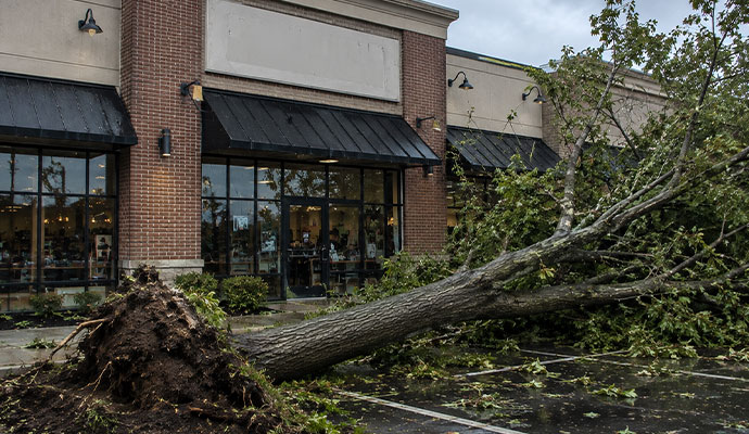 Uprooted tree in a parking lot