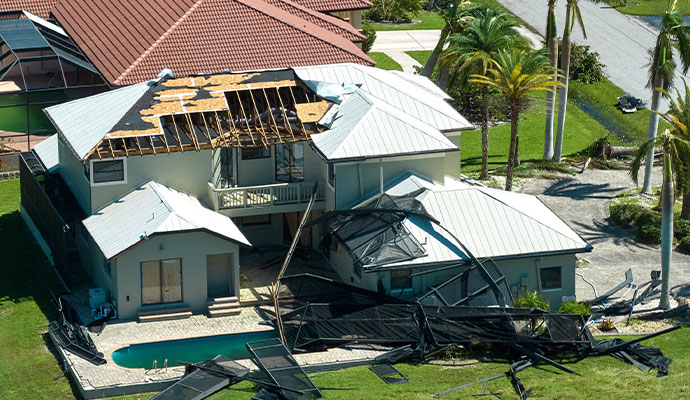 Aerial view of a residential property with severe roof and structural storm damage