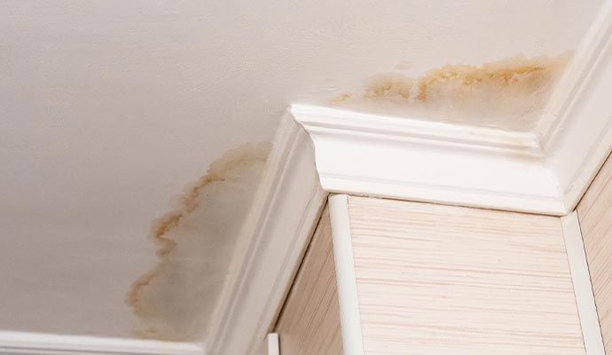 Brown water stains spreading across the ceiling due to roof leak