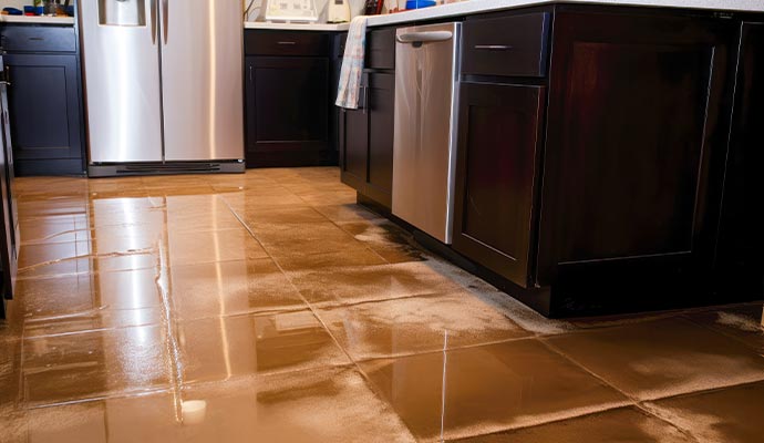 Wet kitchen floor with leaked water