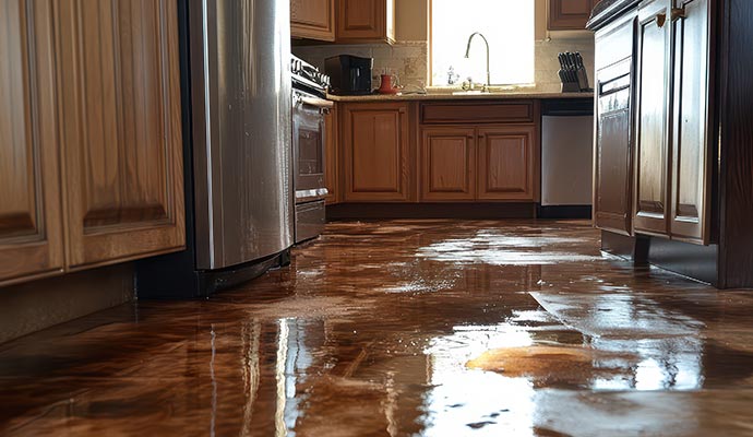 Wet kitchen floor with leaked water from appliances