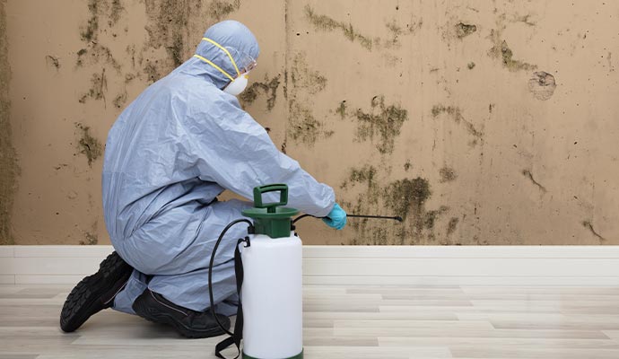 worker spraying pesticide on wall with sprayer mold removal service