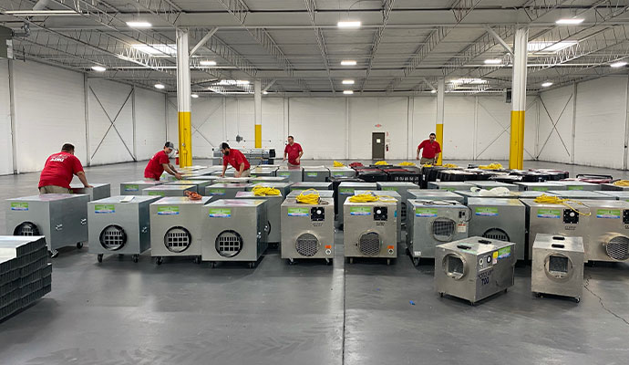 Workers arranging air scrubbers in a warehouse